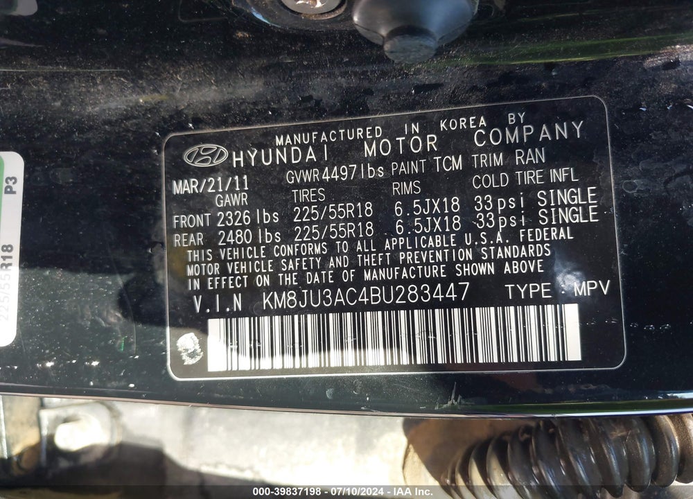 2011 HYUNDAI TUCSON LIMITED VIN: KM8JU3AC4BU283447