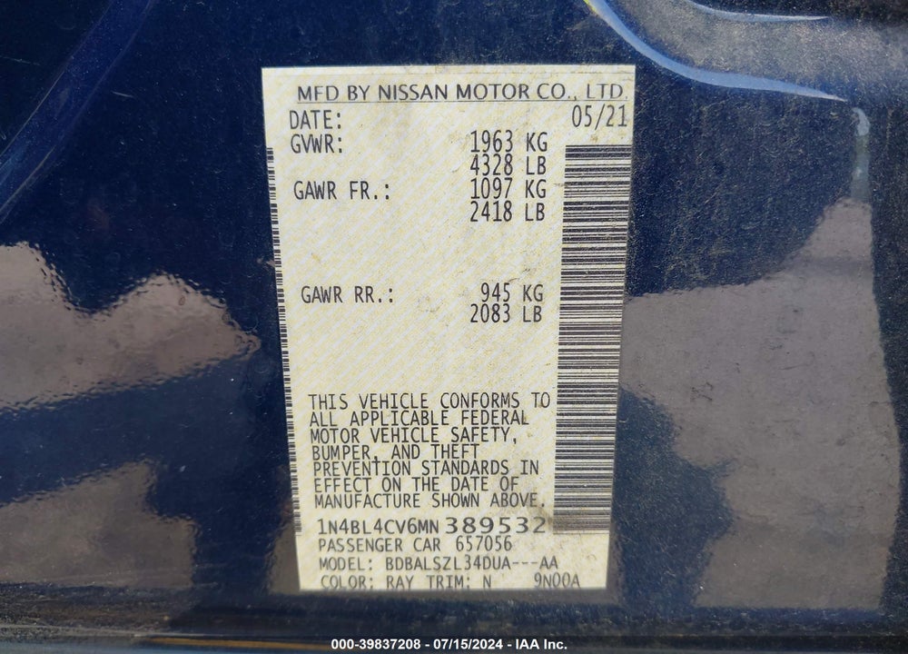 2021 NISSAN ALTIMA SR FWD VIN: 1N4BL4CV6MN389532