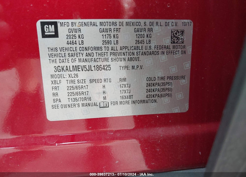 2018 GMC TERRAIN SLE VIN: 3GKALMEV5JL186425