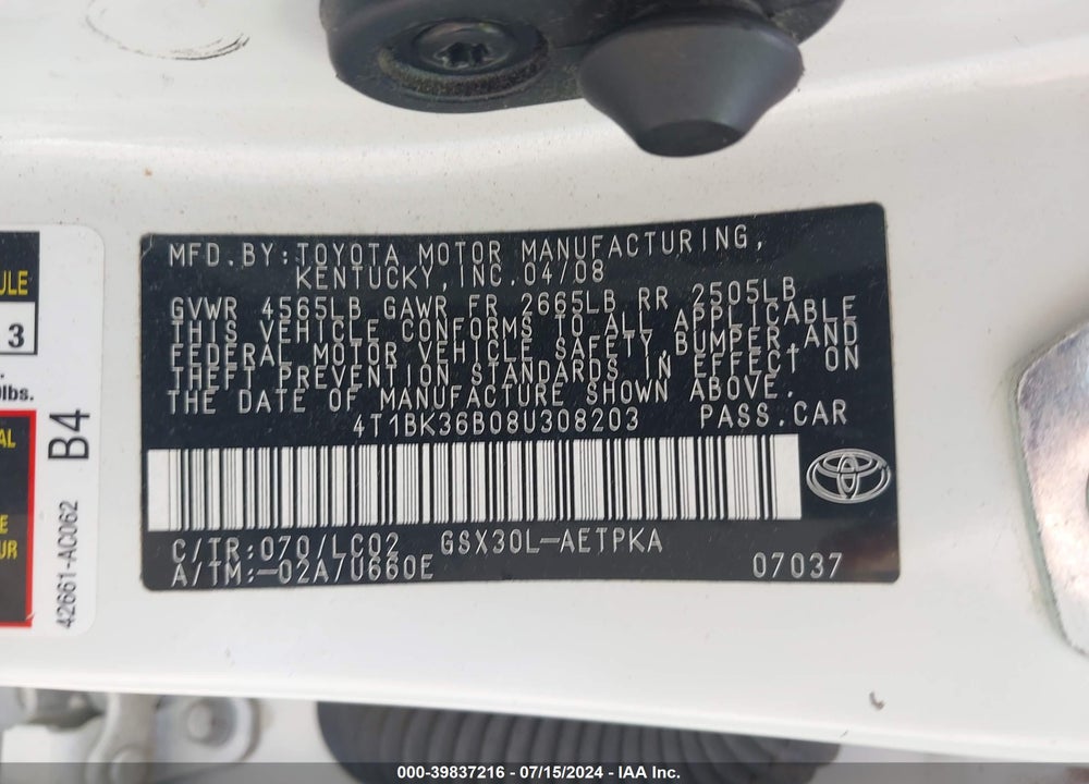 2008 TOYOTA AVALON LIMITED VIN: 4T1BK36B08U308203