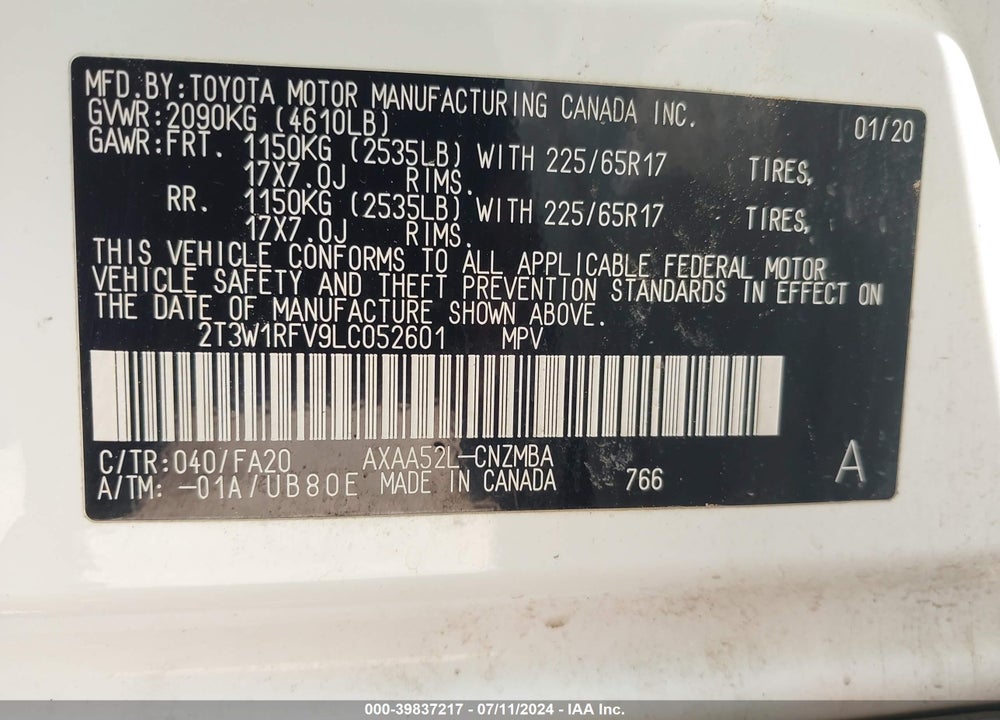 2020 TOYOTA RAV4 XLE VIN: 2T3W1RFV9LC052601