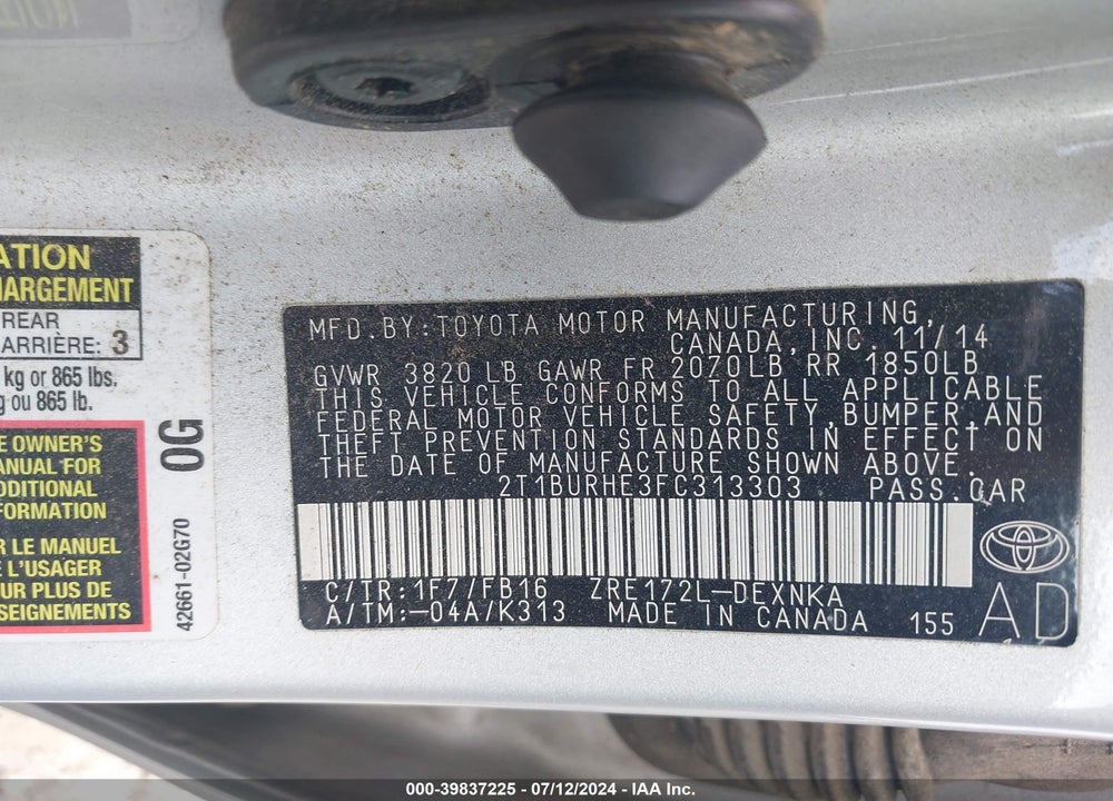 2015 TOYOTA COROLLA LE VIN: 2T1BURHE3FC313303