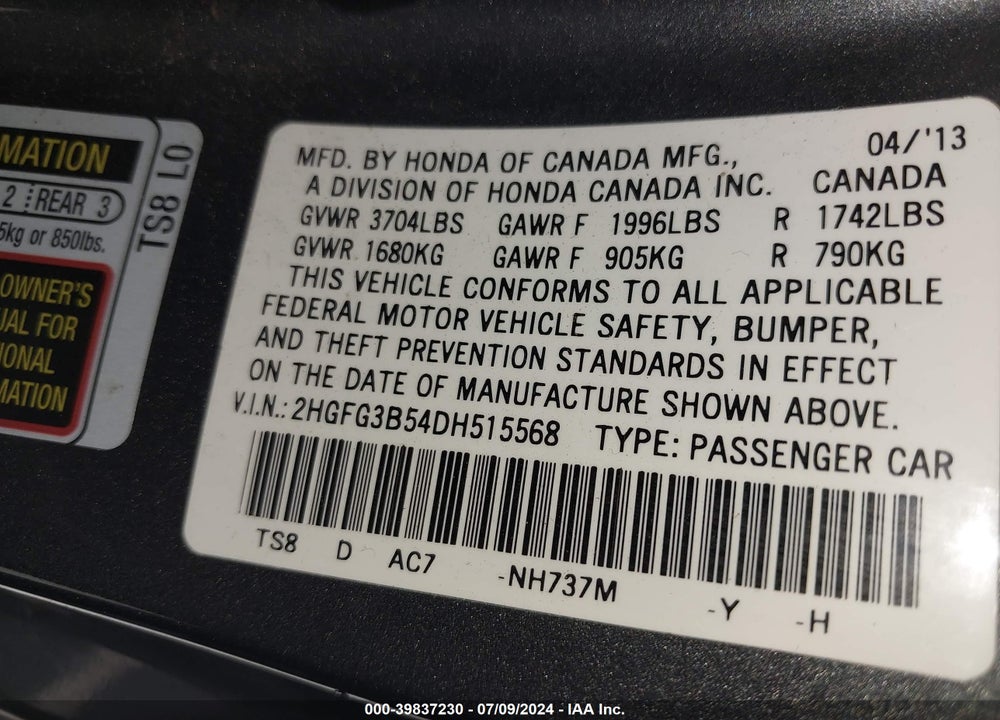 2013 HONDA CIVIC LX VIN: 2HGFG3B54DH515568
