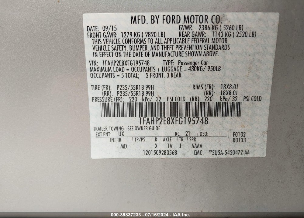 2015 FORD TAURUS SEL VIN: 1FAHP2E8XFG195748