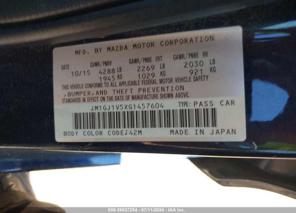 2016 MAZDA 6 I TOURING VIN: JM1GJ1V5XG1457604