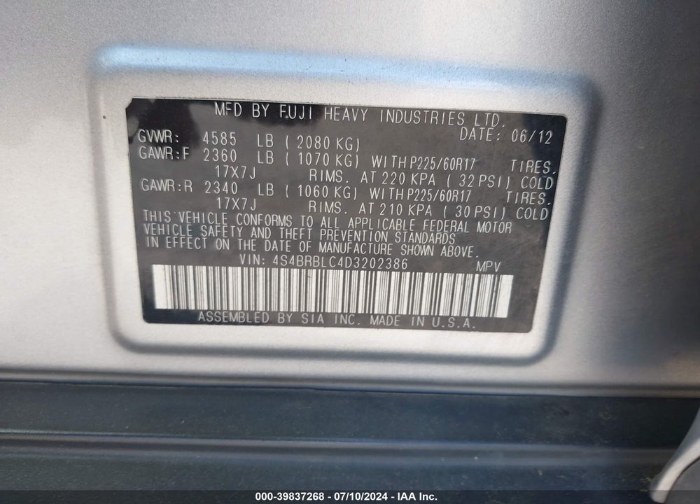 2013 SUBARU OUTBACK 2.5I LIMITED VIN: 4S4BRBLC4D3202386