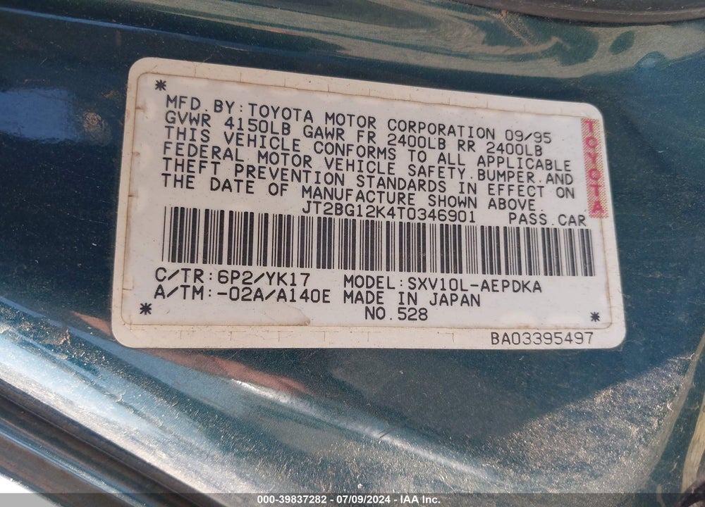 1996 TOYOTA CAMRY DX/LE/XLE VIN: JT2BG12K4T0346901