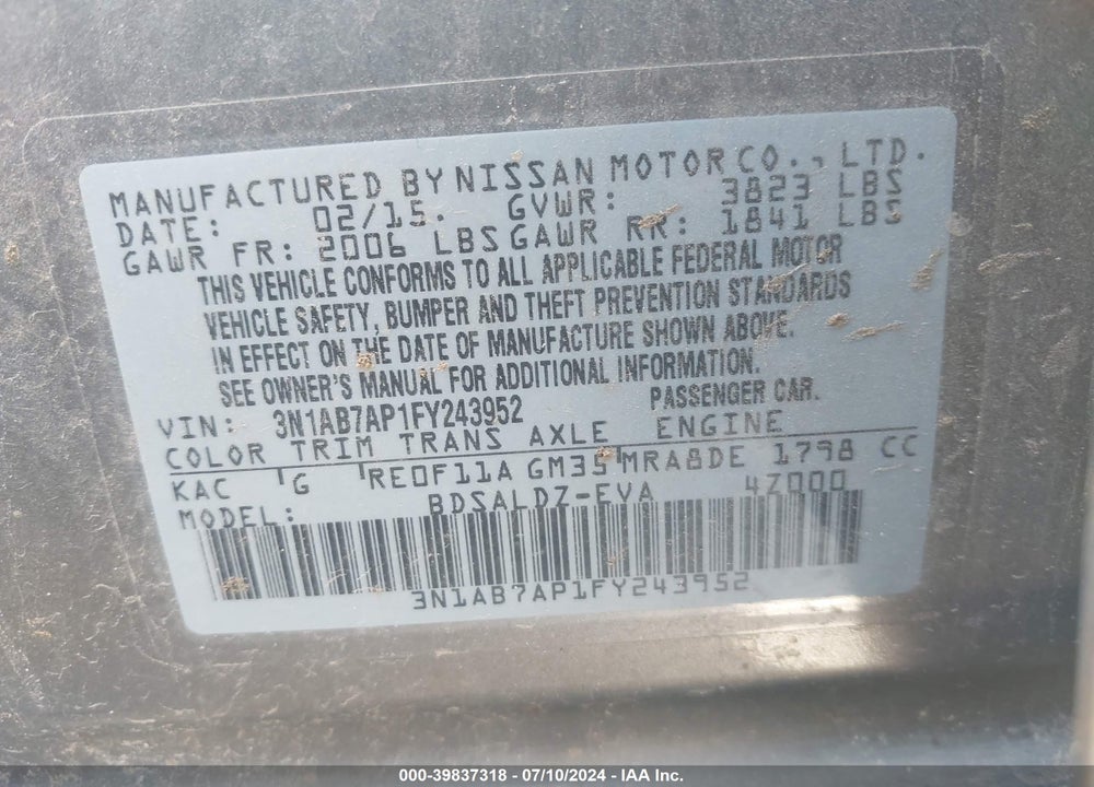 2015 NISSAN SENTRA SV VIN: 3N1AB7AP1FY243952