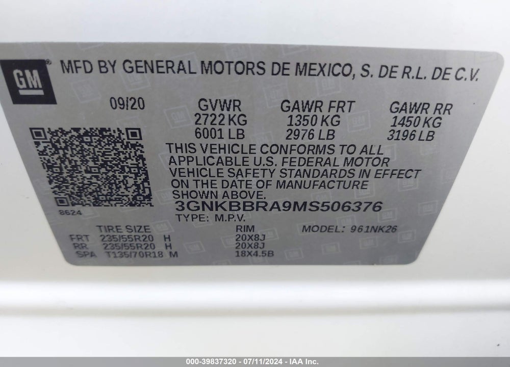 2021 CHEVROLET BLAZER FWD 1LT VIN: 3GNKBBRA9MS506376