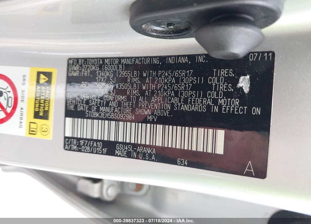 2011 TOYOTA HIGHLANDER BASE V6 VIN: 5TDBK3EH5BS092984