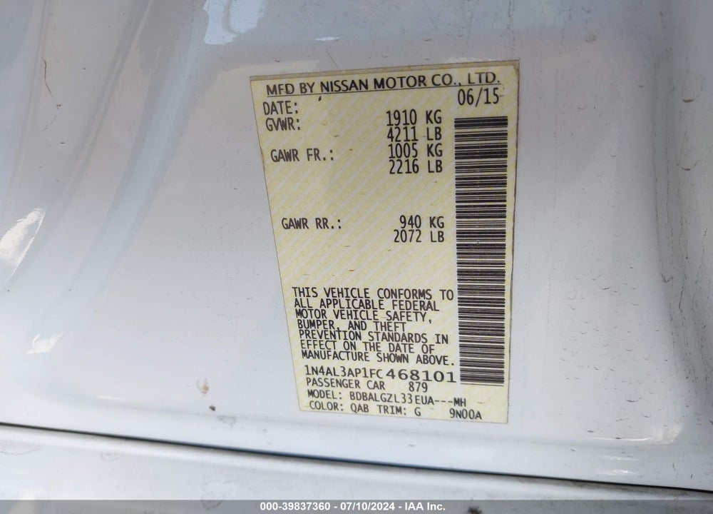 2015 NISSAN ALTIMA 2.5 S VIN: 1N4AL3AP1FC468101