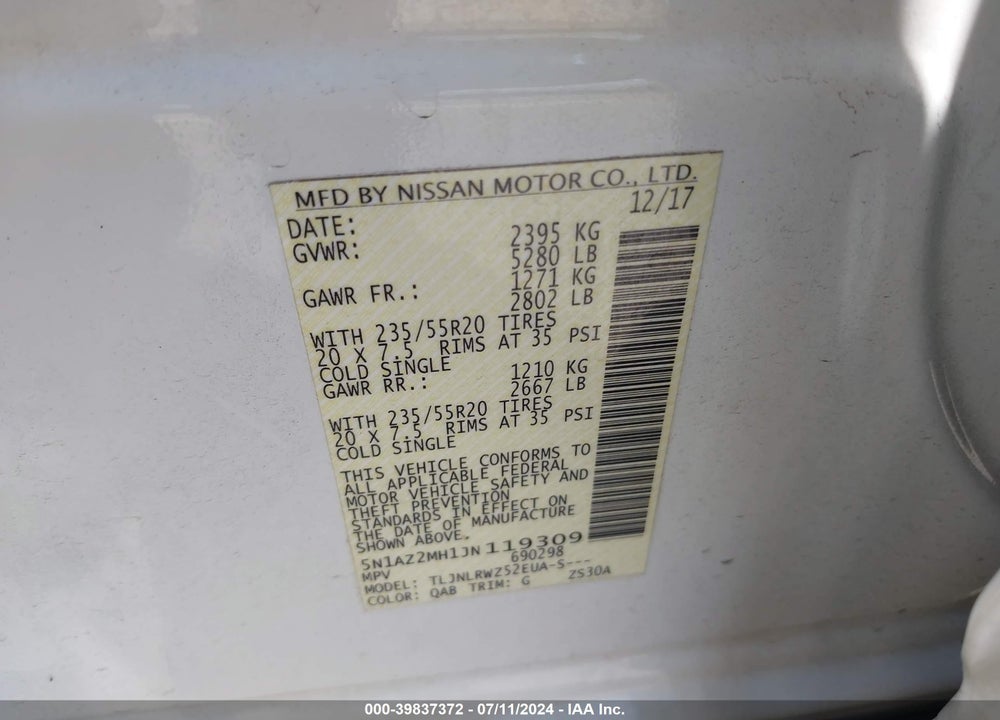2018 NISSAN MURANO SL VIN: 5N1AZ2MH1JN119309