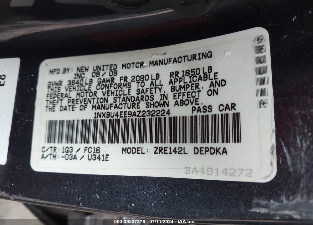 2010 TOYOTA COROLLA LE VIN: 1NXBU4EE9AZ232224