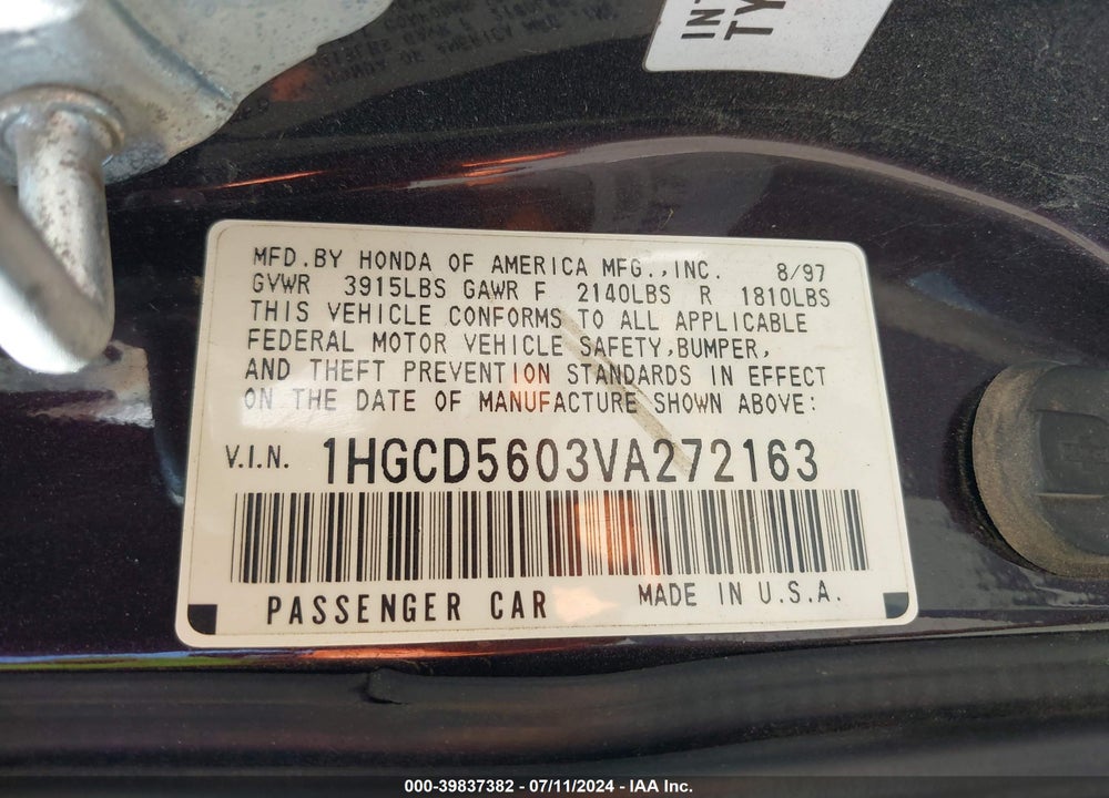 1997 HONDA ACCORD SE VIN: 1HGCD5603VA272163