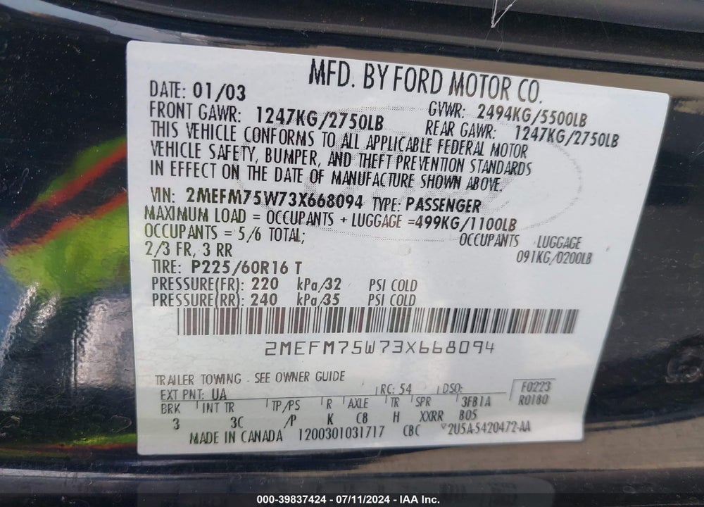 2003 MERCURY GRAND MARQUIS LS VIN: 2MEFM75W73X668094