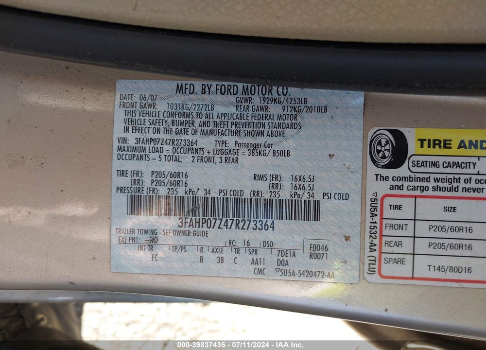 2007 FORD FUSION SE VIN: 3FAHP07Z47R273364
