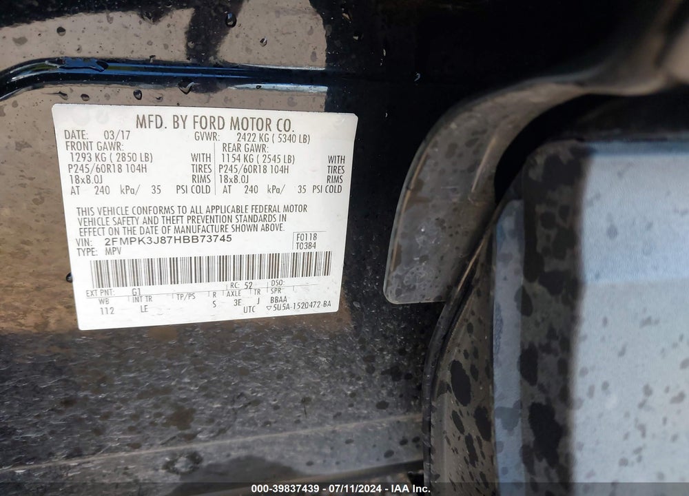 2017 FORD EDGE SEL VIN: 2FMPK3J87HBB73745