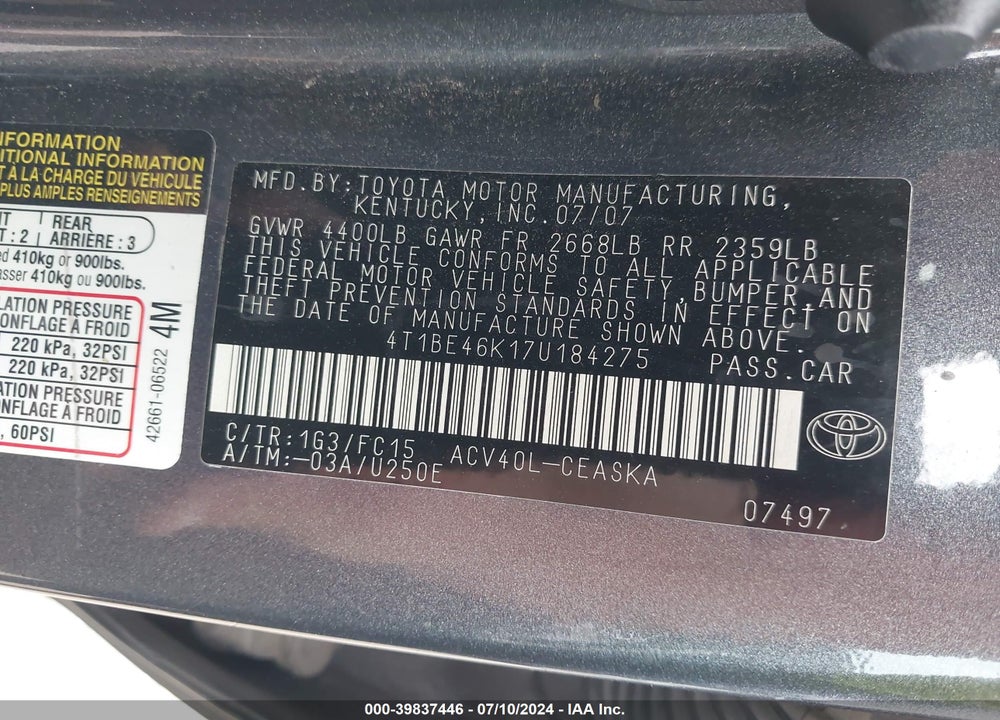 2007 TOYOTA CAMRY SE VIN: 4T1BE46K17U184275