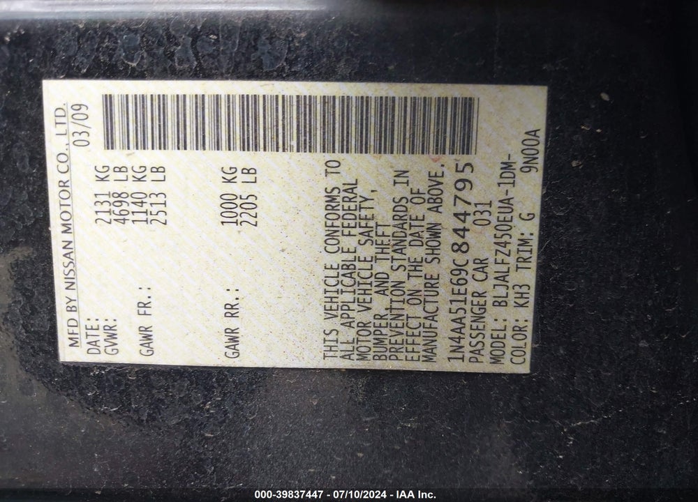2009 NISSAN MAXIMA 3.5 SV VIN: 1N4AA51E69C844795