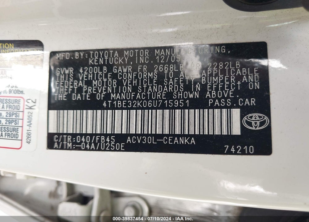 2006 TOYOTA CAMRY LE VIN: 4T1BE32K06U715951