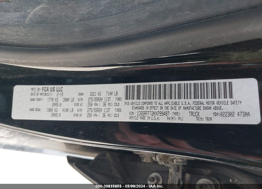 2019 RAM 1500 BIG HORN/LONE STAR VIN: 1C6SRFFT2KN799487