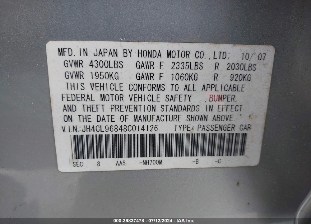 2008 ACURA TSX VIN: JH4CL96848C014126