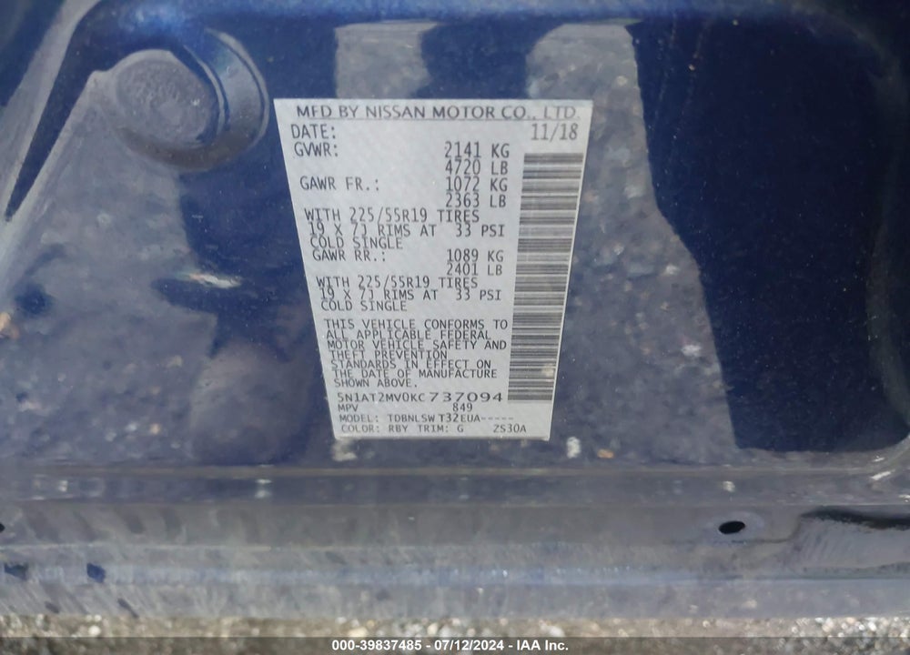 2019 NISSAN ROGUE SL VIN: 5N1AT2MV0KC737094