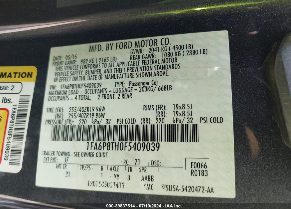 2015 FORD MUSTANG ECOBOOST VIN: 1FA6P8TH0F5409039