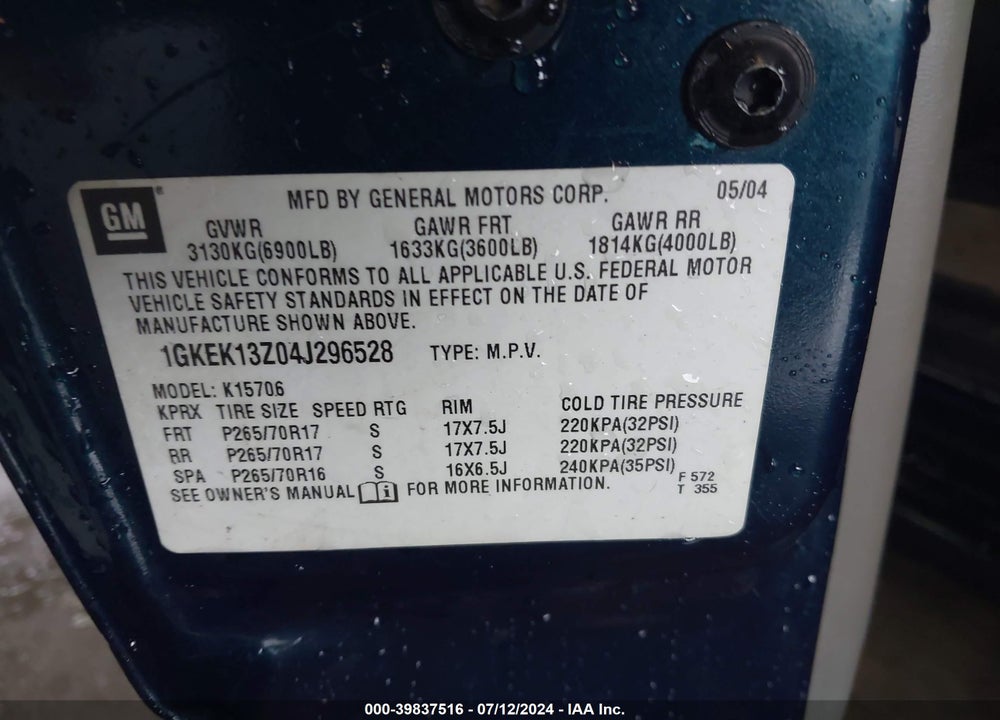2004 GMC YUKON SLT VIN: 1GKEK13Z04J296528