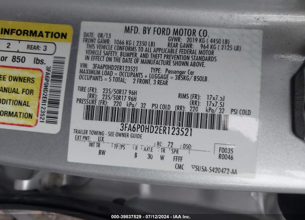 2014 FORD FUSION SE VIN: 3FA6P0HD2ER123521