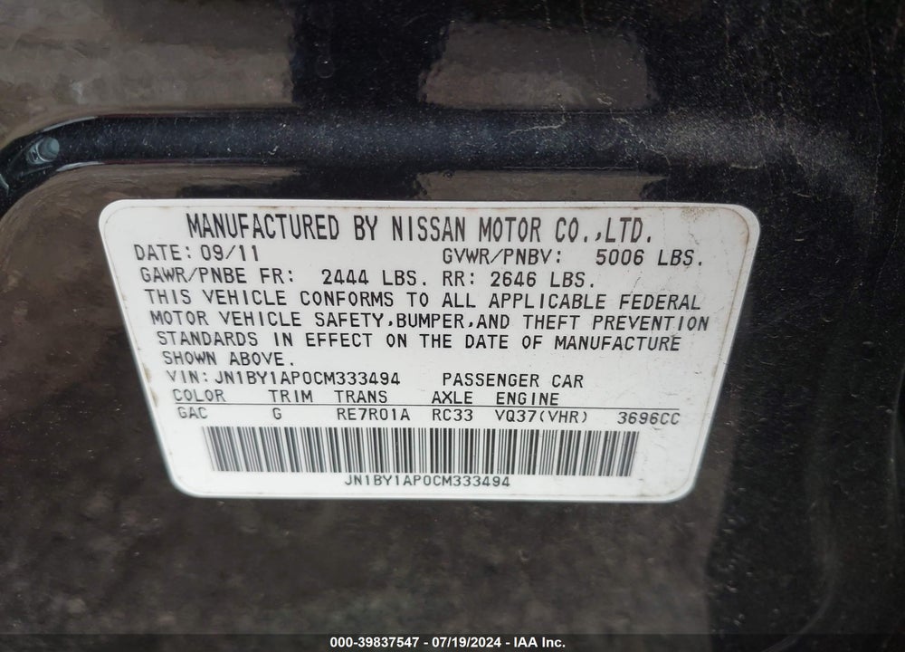 2012 INFINITI M37 VIN: JN1BY1AP0CM333494
