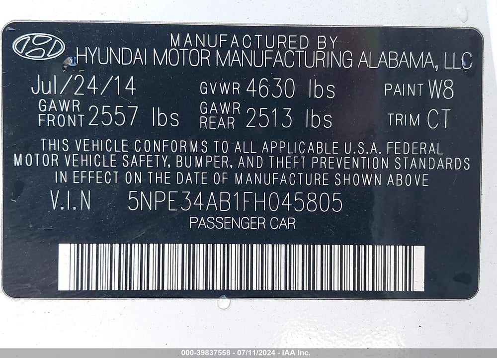 2015 HYUNDAI SONATA SPORT 2.0T VIN: 5NPE34AB1FH045805