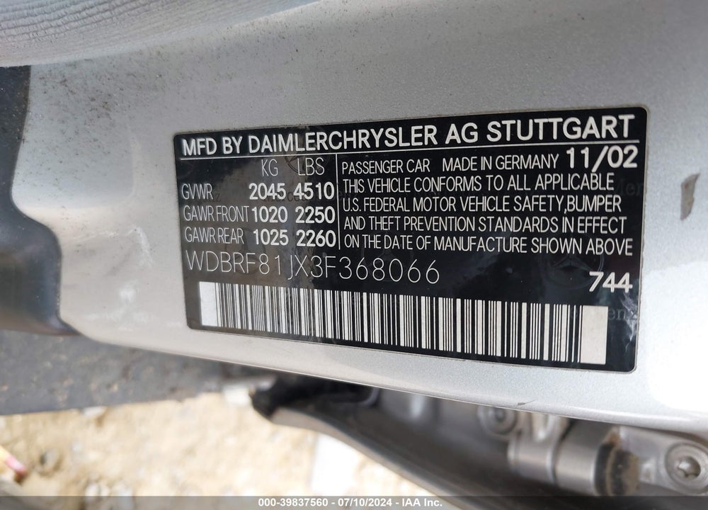 2003 MERCEDES-BENZ C 240 VIN: WDBRF81JX3F368066