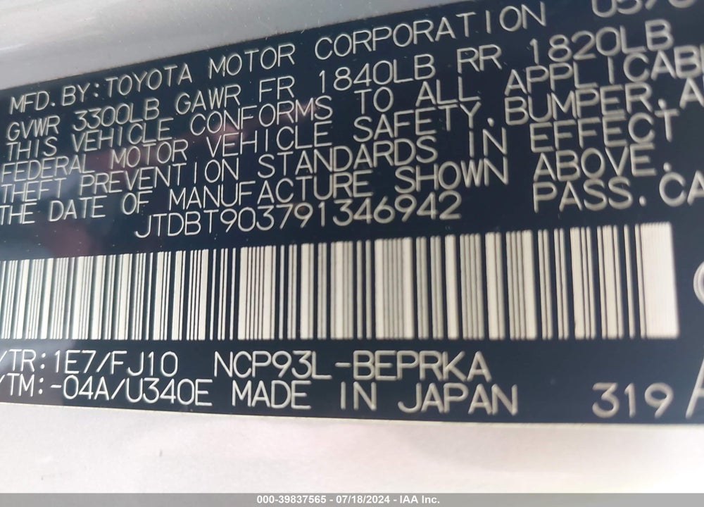 2009 TOYOTA YARIS VIN: JTDBT903791346942