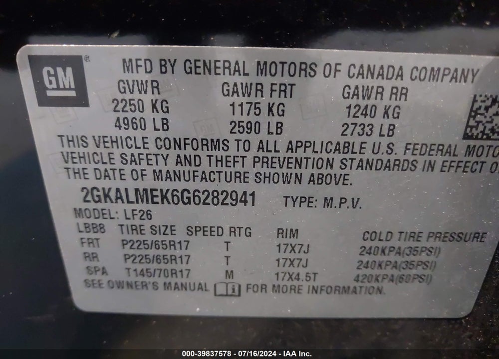 2016 GMC TERRAIN SLE-1 VIN: 2GKALMEK6G6282941