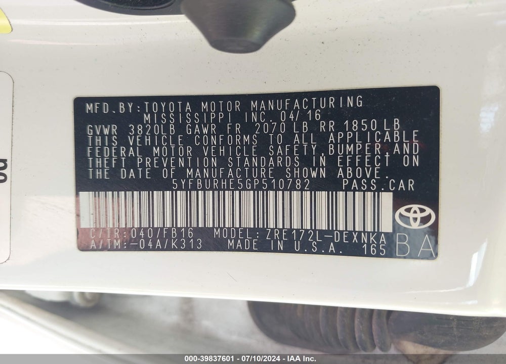 2016 TOYOTA COROLLA LE VIN: 5YFBURHE5GP510782