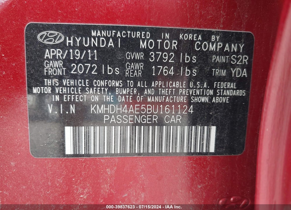 2011 HYUNDAI ELANTRA LIMITED (ULSAN PLANT) VIN: KMHDH4AE5BU161124