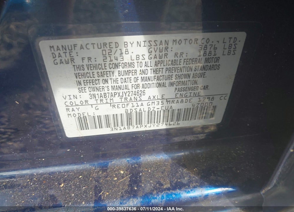 2018 NISSAN SENTRA SV VIN: 3N1AB7APXJY274626