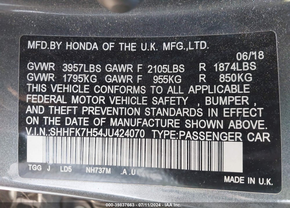 2018 HONDA CIVIC EX VIN: SHHFK7H54JU424070