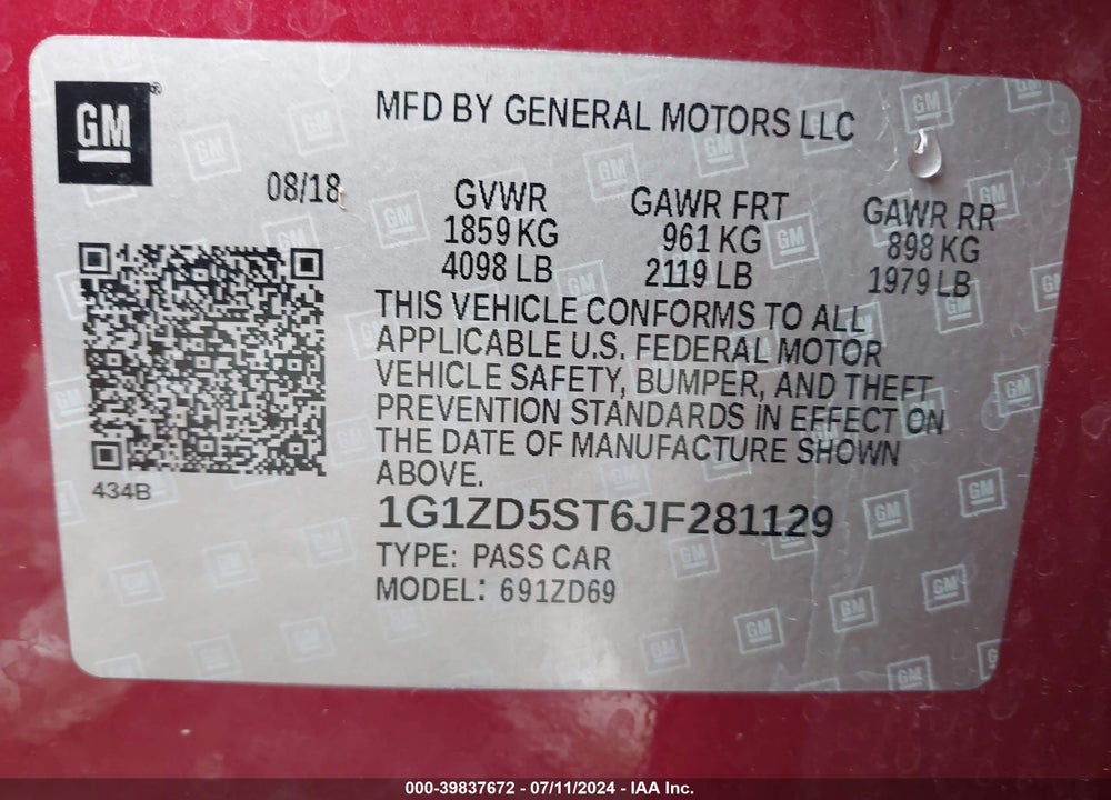 2018 CHEVROLET MALIBU LT VIN: 1G1ZD5ST6JF281129