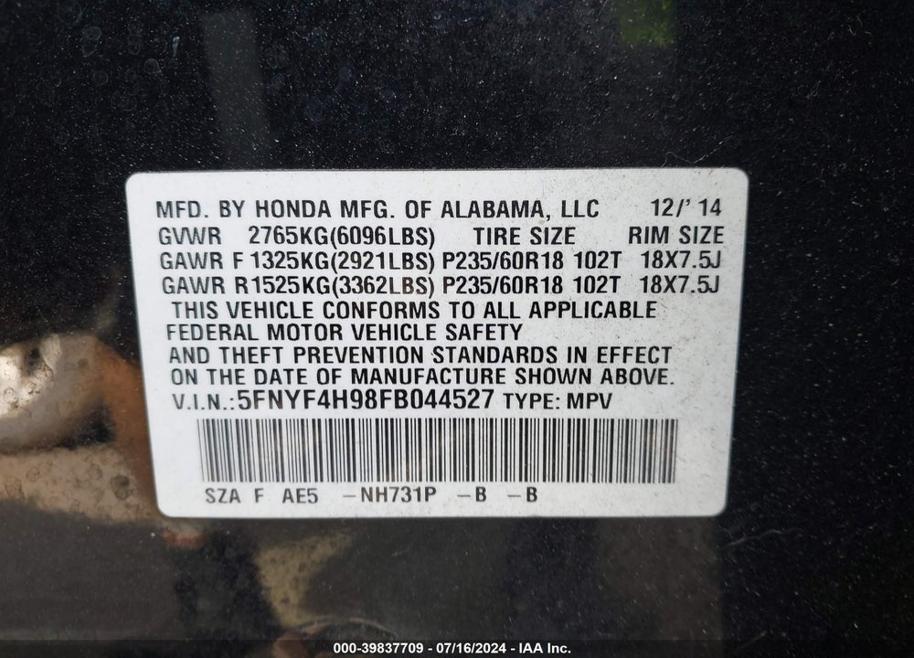 2015 HONDA PILOT TOURING VIN: 5FNYF4H98FB044527