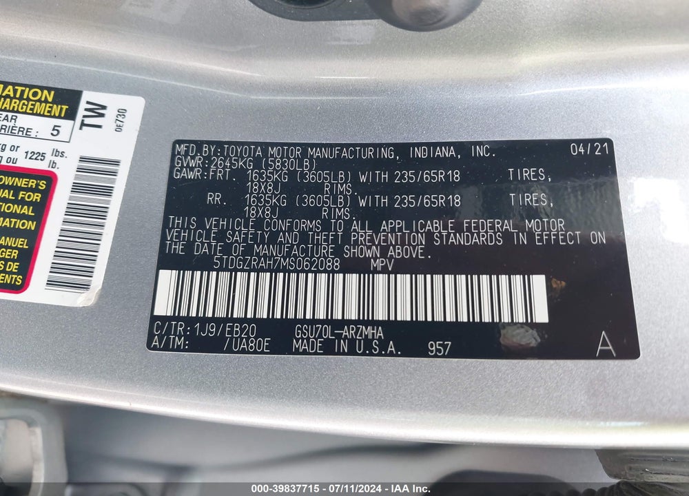 2021 TOYOTA HIGHLANDER XLE VIN: 5TDGZRAH7MS062088