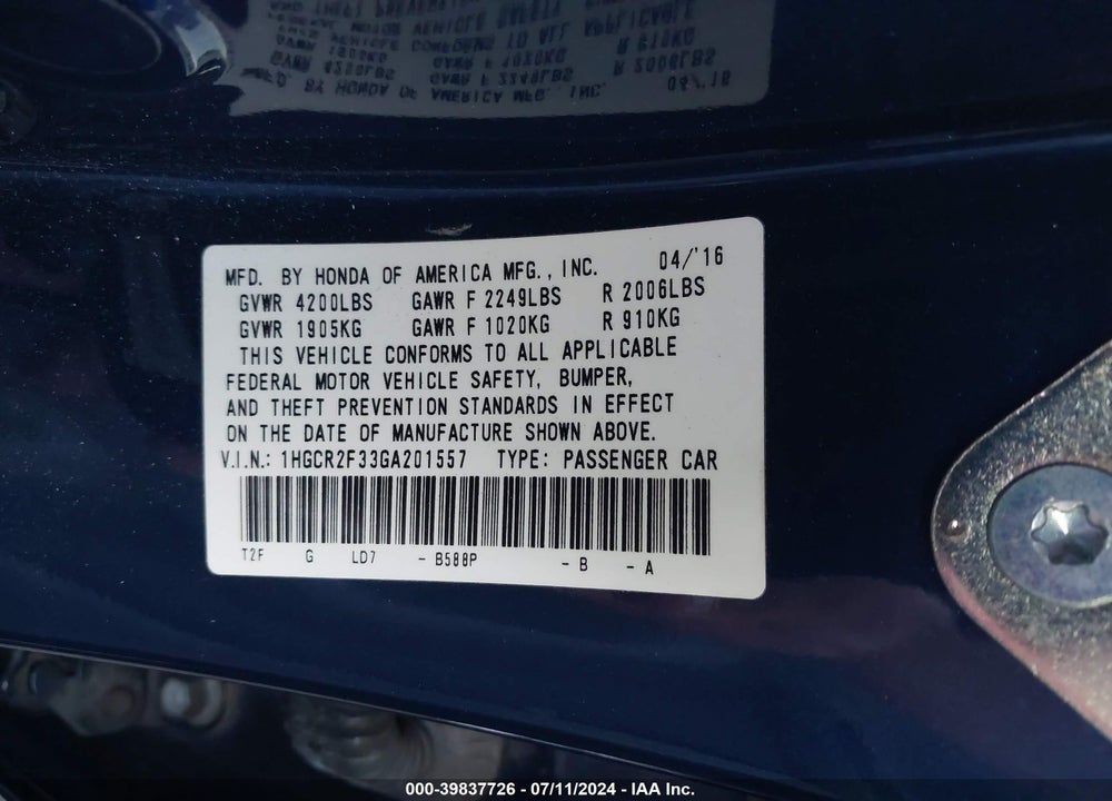 2016 HONDA ACCORD LX VIN: 1HGCR2F33GA201557