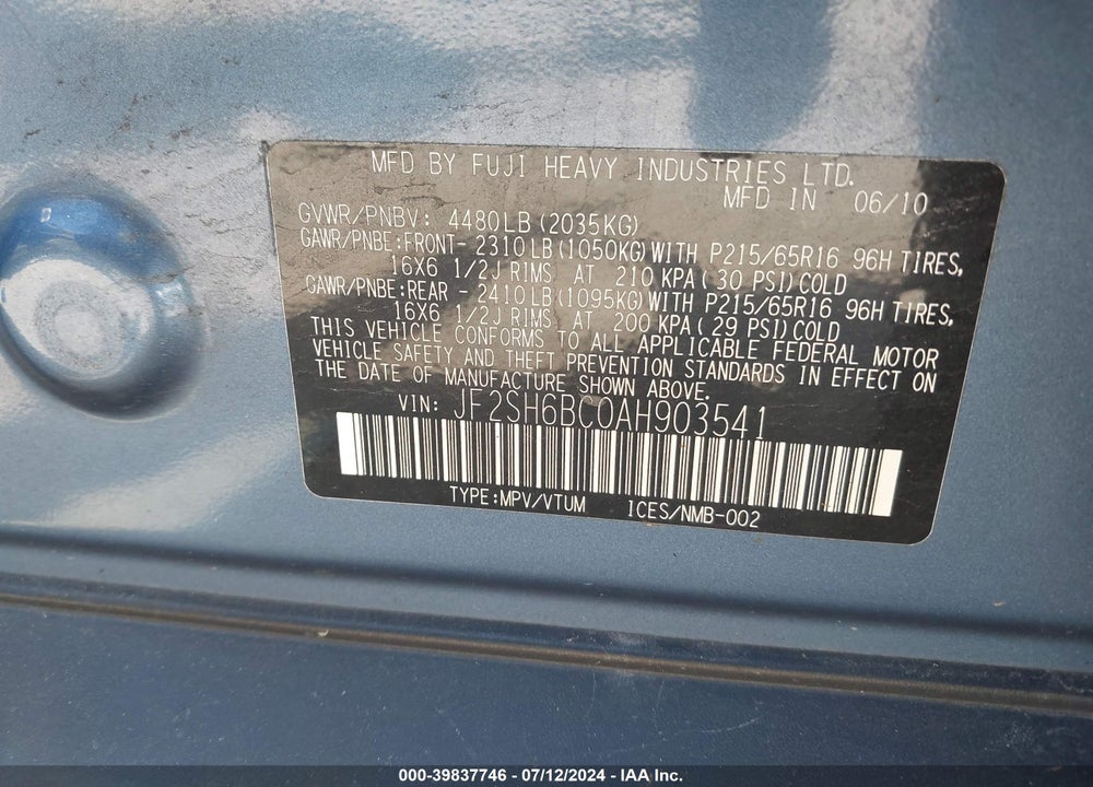 2010 SUBARU FORESTER 2.5X VIN: JF2SH6BC0AH903541