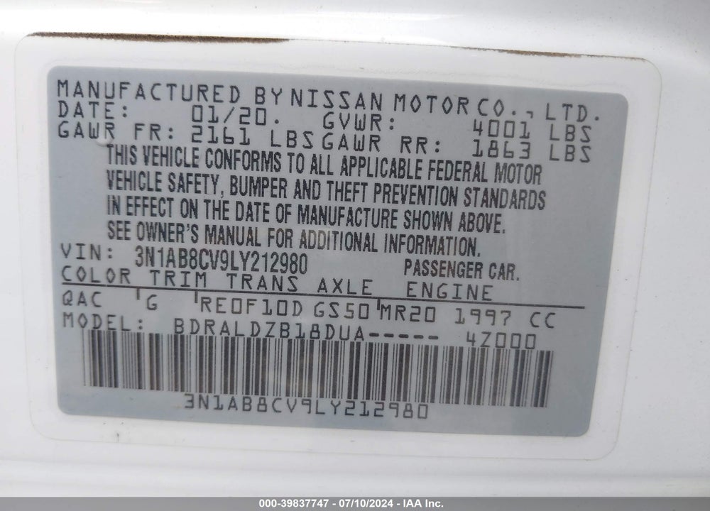 2020 NISSAN SENTRA SV XTRONIC CVT VIN: 3N1AB8CV9LY212980