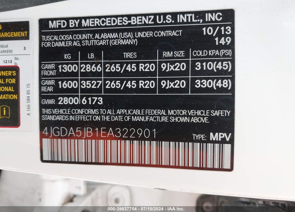 2014 MERCEDES-BENZ ML 350 VIN: 4JGDA5JB1EA322901