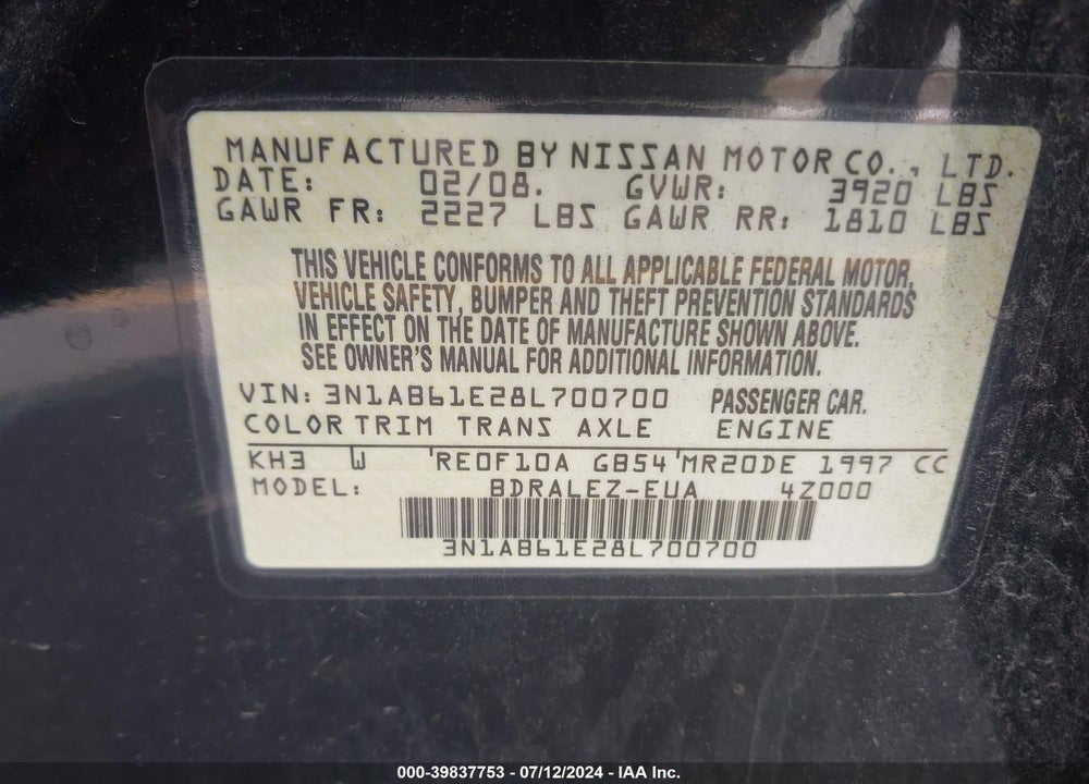 2008 NISSAN SENTRA 2.0 S VIN: 3N1AB61E28L700700