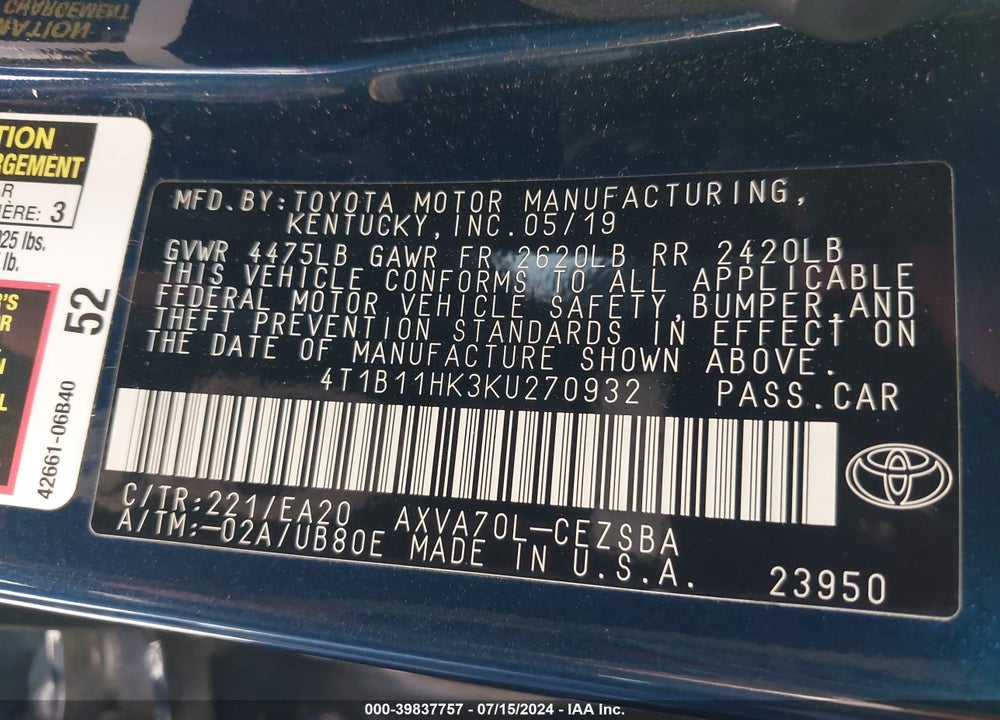 2019 TOYOTA CAMRY SE VIN: 4T1B11HK3KU270932