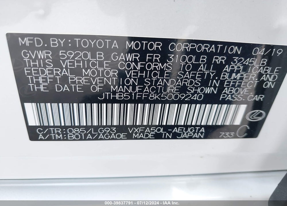 2019 LEXUS LS 500 VIN: JTHB51FF8K5009240