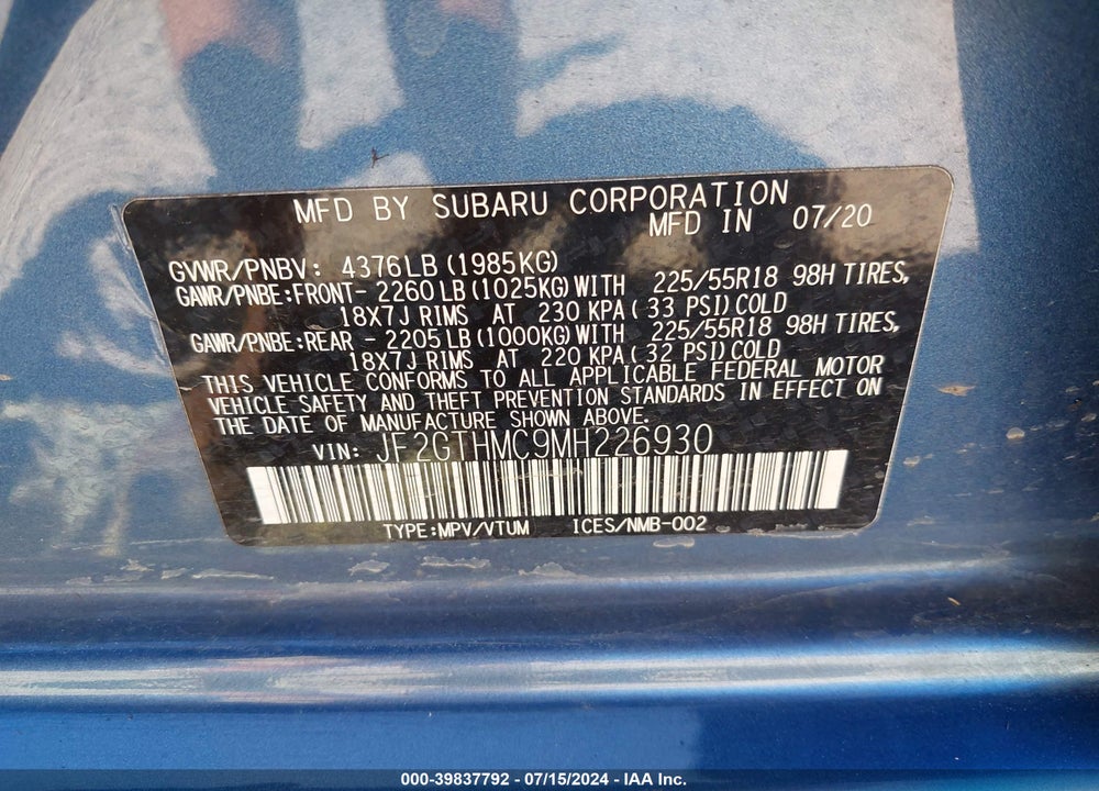 2021 SUBARU CROSSTREK LIMITED VIN: JF2GTHMC9MH226930